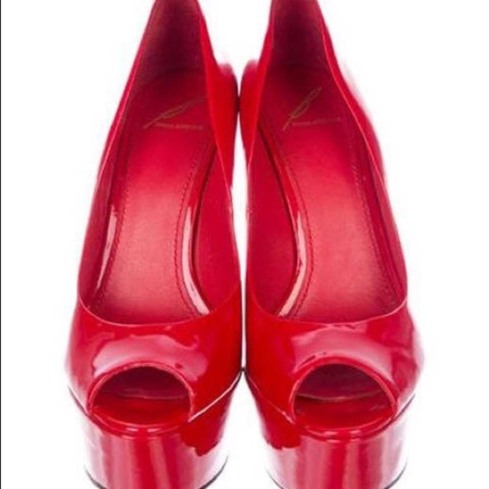 Brian Atwood red patent leather peep toe.
